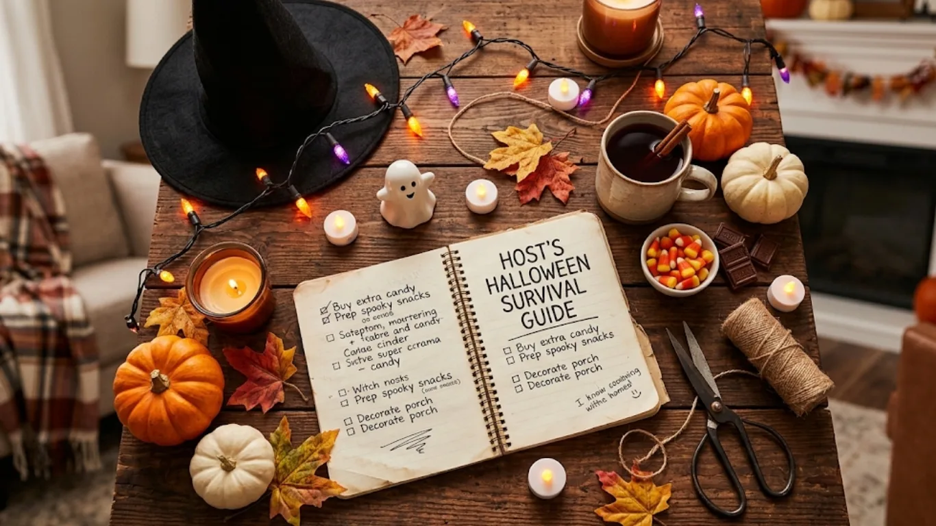 木のテーブルに置かれたノートに書かれたホストのハロウィン対策チェックリスト。周りにはカボチャ、キャンドル、ストリングライト、魔女の帽子